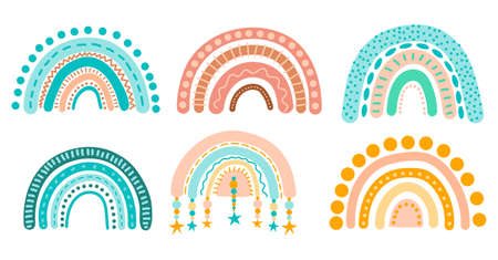 Pink, blue and orange scandinavian elements. Cute abstract rainbows set isolated on white background. Modern boho vector illustration for cards, home decor and print design.のイラスト素材