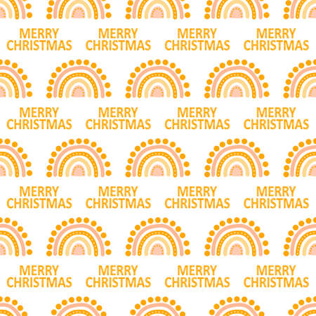 Merry Cristmas lettering and rainbow seamless pattern in bohemian style isolated on white background. Modern vector illustration for cards, home decor and print design. Winter holidays rustic decor.のイラスト素材