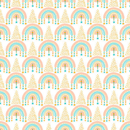 Cute abstract rainbows seamless pattern isolated on white background. Scandinavian winter art. Modern boho vector illustration for cards, home decor and print design.のイラスト素材