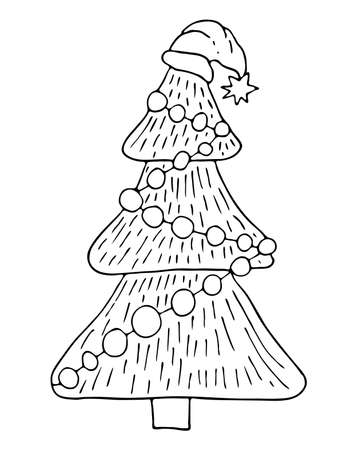Winter holidays rustic decor. Black outline christmas tree in Santa hat isolated on white background. Doodles vector illustration for cards, home decor and print design.のイラスト素材