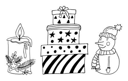 Hand drawing cute snowman in Santa hat, candle, gift box vector illustration. Black outline Christmas doodle collection on white background.のイラスト素材