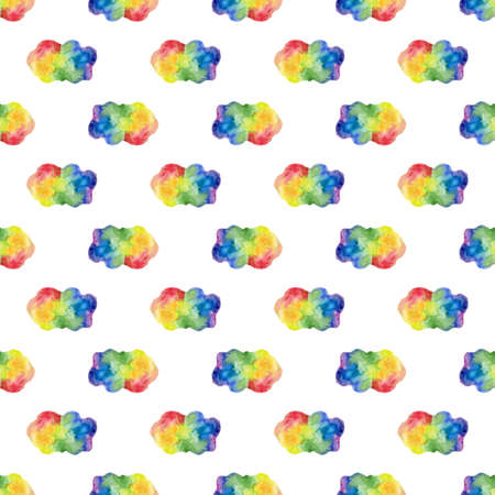 Watercolor rainbow spots and clouds seamless pattern isolated on white background. Hand painting gay pride illustration.の写真素材
