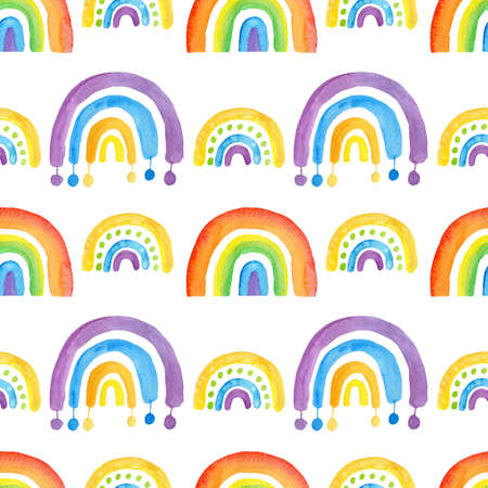 Watercolor rainbows seamless pattern isolated on white background. Hand painting colorful illustration.の写真素材