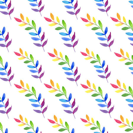 Watercolor rainbow leaves and feather seamless pattern isolated on white background. Hand painting...