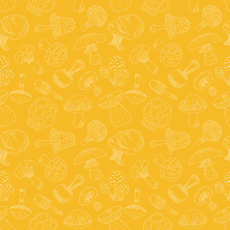 White outline mushrooms seamless pattern on mustard yellow background. Hand drawing food vector illustration.のイラスト素材