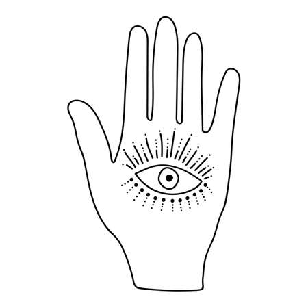 Black outline hand with eye in modern mystical style. Vector boho illustrations. Hand drawn doodles sketch isolated on white background.のイラスト素材
