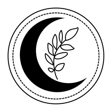 Black outline moon with leaves in modern style. Hand drawn mystical symbol isolated on white background. Vector magic illustrations.のイラスト素材