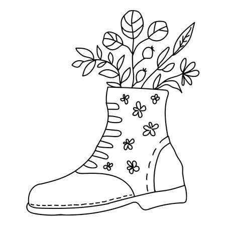 Black outline boot with flowers and leaves in modern boho style. Vector illustrations. Hand drawn shoes isolated on white background.のイラスト素材