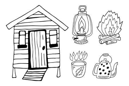 Black outline forest house, bonfire, cup, kettle, lantern on white background. Hand drawing camping vector illustrations. Hiking doodles.のイラスト素材