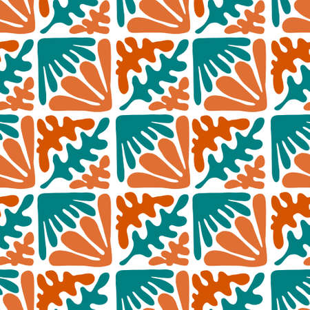 Modern geometric shapes seamless patterns. Abstract floral tiles. Terracotta, teal and orange vector illustration.のイラスト素材