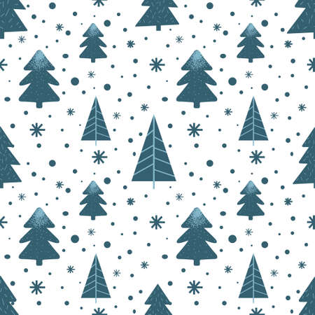 Modern blue Christmas tree seamless pattern. Boho winter vector illustration. Cute navy blue alternative trees art.のイラスト素材