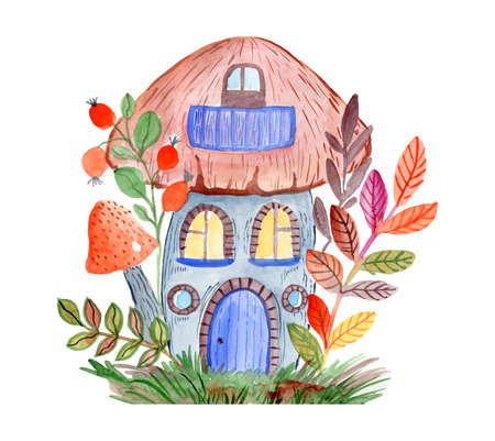 Cute house in mushrooms with fall leaves. Watercolor hand painting illustration isolated on white background.の写真素材