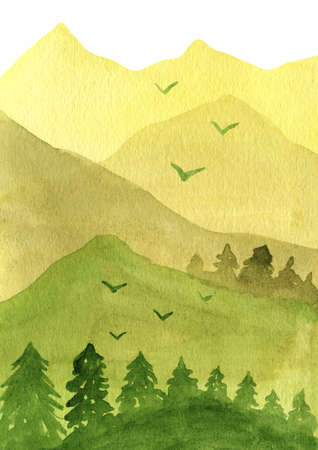Watercolor landscape hand painting illustration. Abstract green mountains with trees.の写真素材