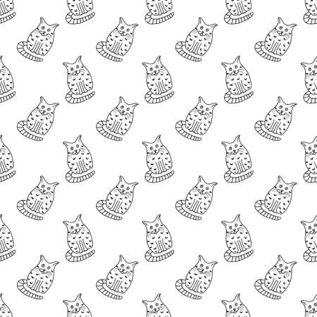 Black outline funny cats seamless pattern in doodle style. Vector stock illustration. Hand drawing line art image.のイラスト素材