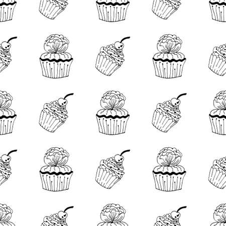 Black outline cupcake seamless pattern in doodle style. Vector stock illustration. Hand drawing food line art image.のイラスト素材