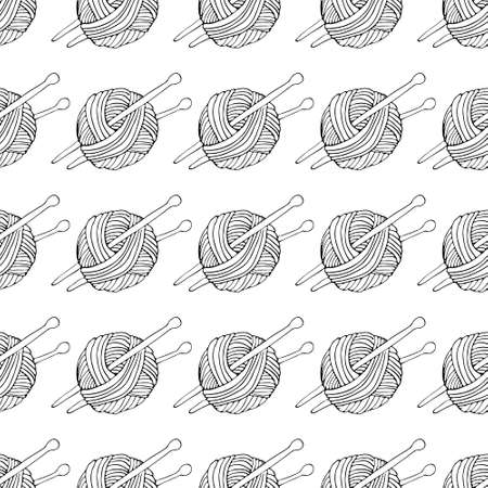 Black outline doodles vector art. Hand drawing illustration. Skein of thread for knitting seamless pattern.のイラスト素材