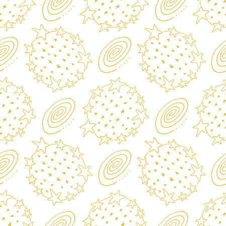 Yellow outline seamless pattern with stars, planet and celestial. Galaxy vector illustration.のイラスト素材