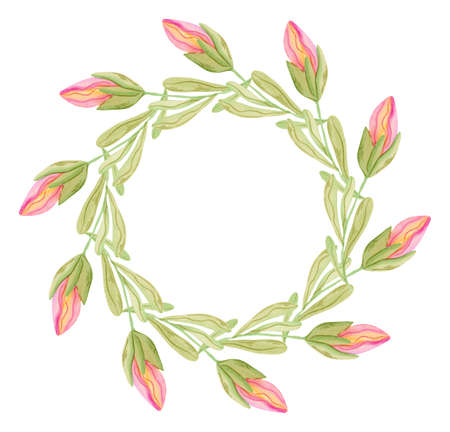 Pink flowers wreath illustration isolated on white background. Watercolor flower frame botanical painting.の写真素材