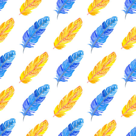 Watercolor feathers seamless pattern isolated on white background. Boho illustration.の写真素材
