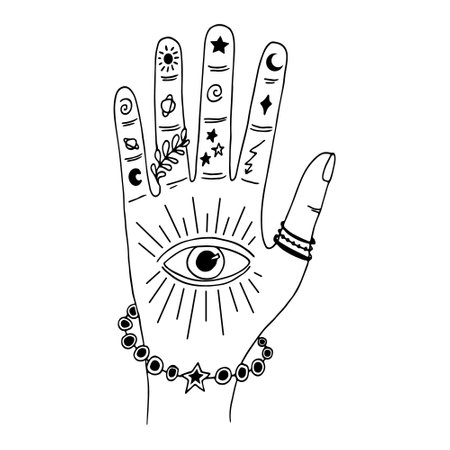 Witches hand with bracelet black outline line art. Hand drawing modern witchcraft vector illustration.のイラスト素材