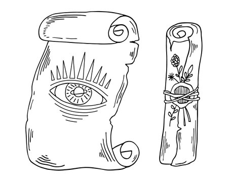 Hand drawing ancient vintage scroll with abstract eye and floral. Witchcraft line art vector illustration. Black outline doodles set.のイラスト素材