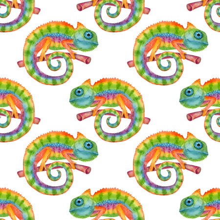 Watercolor chameleon seamless pattern isolated on white background. Colorful jungle illustration.の写真素材