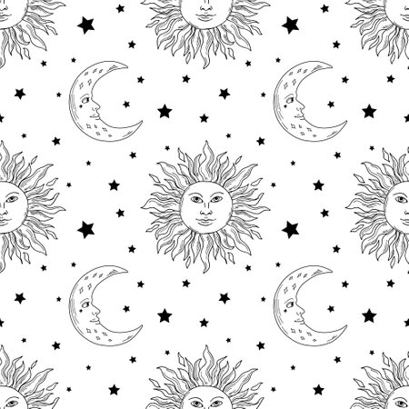 Sun and moon seamless pattern. Modern witchcrafts black outline vector illustration. Trendy...