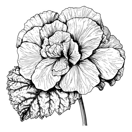 Begonia flower with leaves line art. Black outline vector botanical art. Modern tropical floral illustration.のイラスト素材