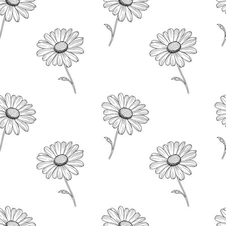 Daisy flower line art seamless pattern. Black outline vector botanical art. Modern floral background.のイラスト素材