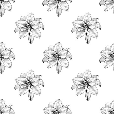 Tropical flower line art seamless pattern. Black outline vector botanical art. Modern floral background.のイラスト素材