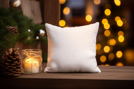 White pillow on the wooden table with bokeh Christmas lights for mockups. Cozy winter aesthetic. Generative AI.の素材