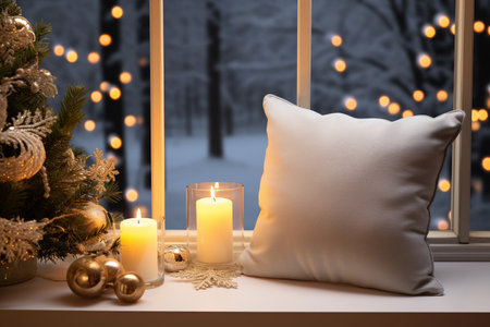 White pillow on the windowsill background with Christmas lights for mockups. The candle is burning. Cozy winter interior. Generative AI.の素材