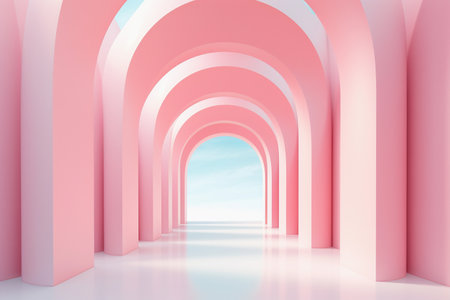 Futuristic round arch with light for mockups, showcase and display products. Atmospheric escapism peach color installation. Generative AIの素材