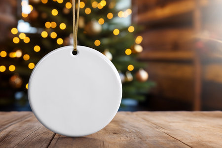 A white round ceramic Christmas ornament. Festive decoration for mockup. Blurred green tree with lights in the background. Generative AIの素材