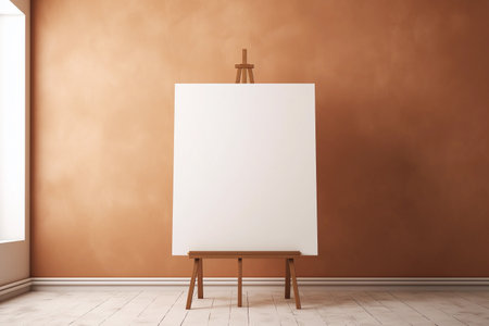 An easel with a blank white canvas stands in an empty minimalist room with textured brown wall. Background for mockups. Generative AIの素材