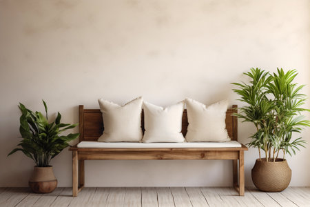 Boho entryway interior with wood bench and pillows near the empty wall and green houseplants. Modern minimalist house. Background for mockups. Generative AIの素材