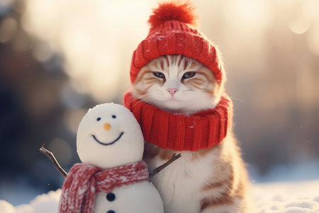 A cute ginger and white cat in a red knitted hat and scarf sits near snowman. Snowy warm cottagecore winter background. Concept of pets family members. Generative AI.の素材