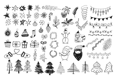 Christmas garland, trees, stars, snowman, cat and Santa scribbles clipart. Hand drawn winter doodles line art. Outline vector illustration.のイラスト素材