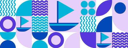 Abstract geometric nautical pattern. Blush pink and blue color block background. Vector modern illustration.のイラスト素材