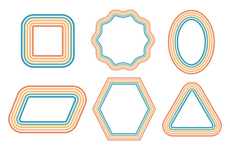 Retro striped frames set illustration. Teal and orange groovy geometric vector clipart.のイラスト素材