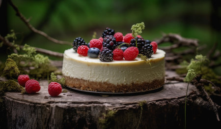 Cheesecake with raspberries and blackberries decor in the forest background. Dessert stands on a tree stump. Green witch nature aesthetic. Generative AI.の素材