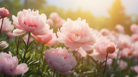 Close-up bushes of pink peonies. Delicate floral landscape. Beautiful sunrise light. Generative AIの素材