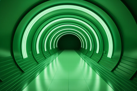 Futuristic empty tunnel. Round dark green corridor with light for showcase and display products. Generative AIの素材