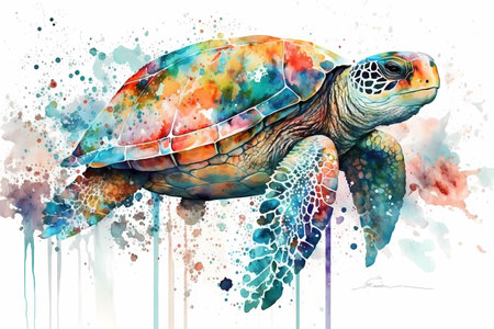 Watercolor colorful sea turtle. Ocean in circle illustration on white background. Generative AI.の素材