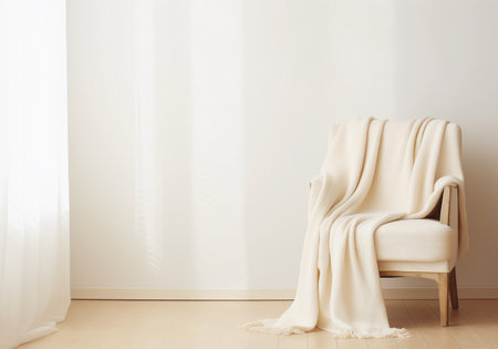 Modern interior with cozy white armchair with plaid. Empty wall for mockup with copyspace. Generative AI.の素材