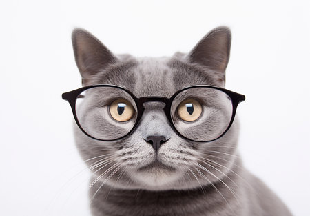 A cute british domestic cat in black glasses on a white background. Pets portrait. Generative AIの素材