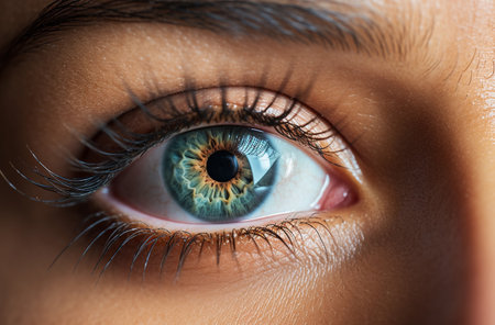 Blue eye with brown veins close-up. A woman's eye macro. Piercing look forward. Generative AIの素材