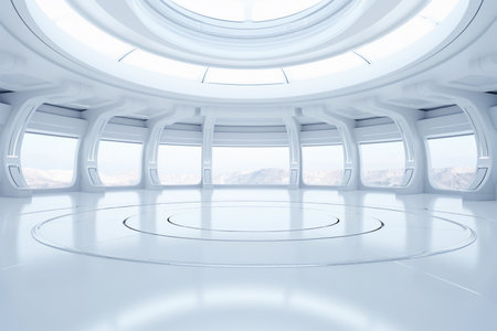 A futuristic empty white room with a stage for product presentation in the center. Minimalist background for mockups. Generative AIの素材