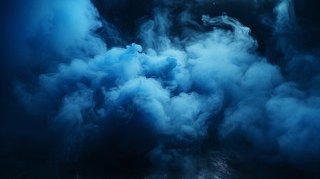 Abstract blue smoke on the black background. Blue mist on the ground. Fog backdrop. Generative AI.の素材