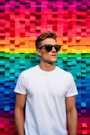 A young man dressed in a white mockup t-shirt. He is standing against a bright, multicolored wall.の素材